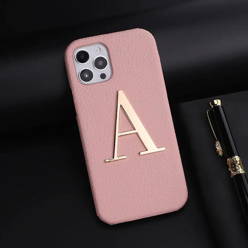 Luxury Personalise Custom Initials Name A-Z Phone Case For iPhone16 15 14ProMax Plus 13Promax  Pebble Leather Metal Letter Funda NewGen Gadgets