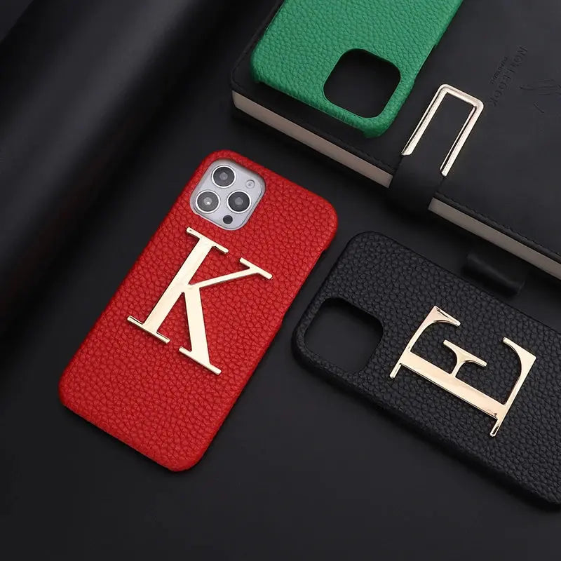 Luxury Personalise Custom Initials Name A-Z Phone Case For iPhone16 15 14ProMax Plus 13Promax  Pebble Leather Metal Letter Funda NewGen Gadgets