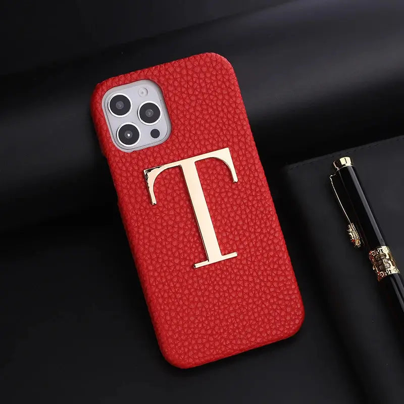 Luxury Personalise Custom Initials Name A-Z Phone Case For iPhone16 15 14ProMax Plus 13Promax  Pebble Leather Metal Letter Funda NewGen Gadgets