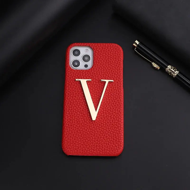 Luxury Personalise Custom Initials Name A-Z Phone Case For iPhone16 15 14ProMax Plus 13Promax  Pebble Leather Metal Letter Funda NewGen Gadgets