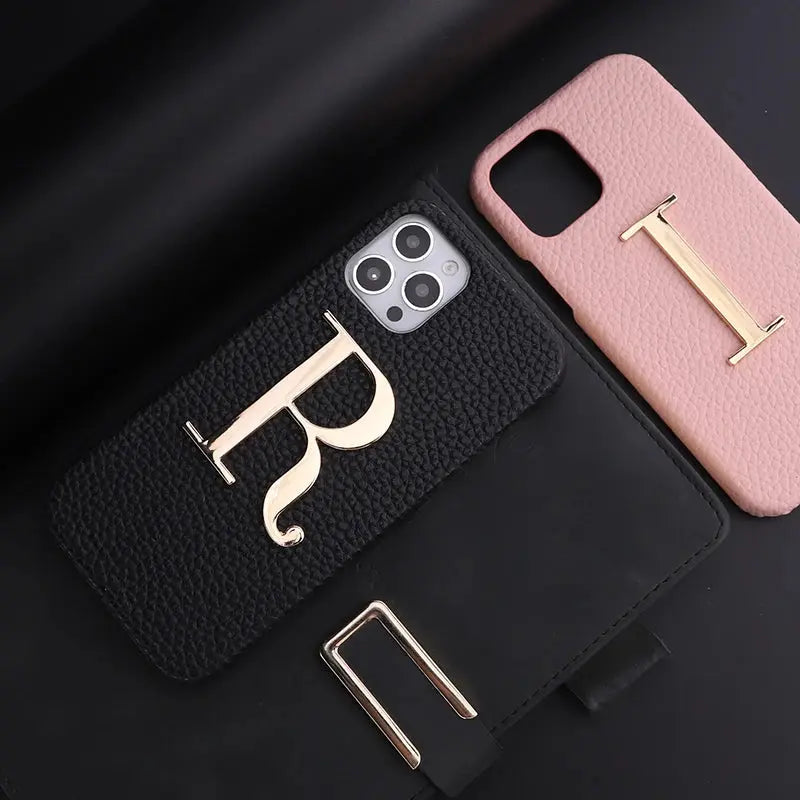 Luxury Personalise Custom Initials Name A-Z Phone Case For iPhone16 15 14ProMax Plus 13Promax  Pebble Leather Metal Letter Funda NewGen Gadgets