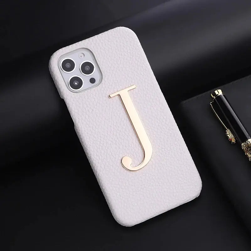 Luxury Personalise Custom Initials Name A-Z Phone Case For iPhone16 15 14ProMax Plus 13Promax  Pebble Leather Metal Letter Funda NewGen Gadgets