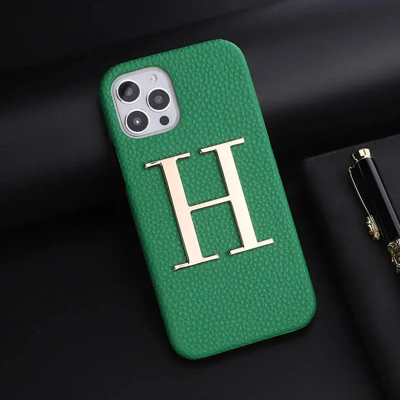 Luxury Personalise Custom Initials Name A-Z Phone Case For iPhone16 15 14ProMax Plus 13Promax  Pebble Leather Metal Letter Funda NewGen Gadgets