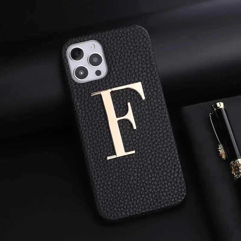 Luxury Personalise Custom Initials Name A-Z Phone Case For iPhone16 15 14ProMax Plus 13Promax  Pebble Leather Metal Letter Funda NewGen Gadgets