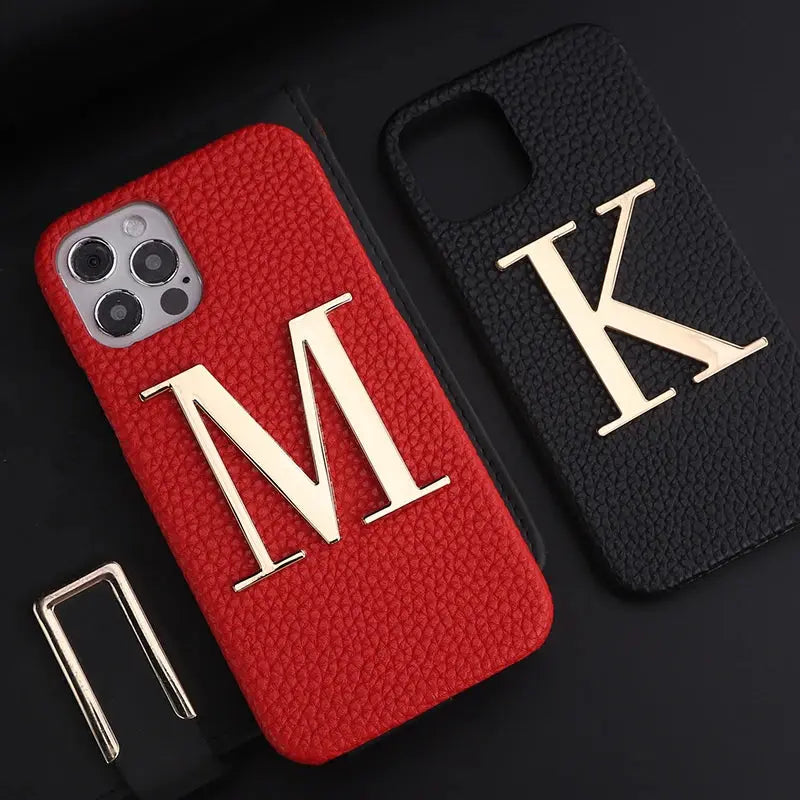 Luxury Personalise Custom Initials Name A-Z Phone Case For iPhone16 15 14ProMax Plus 13Promax  Pebble Leather Metal Letter Funda NewGen Gadgets