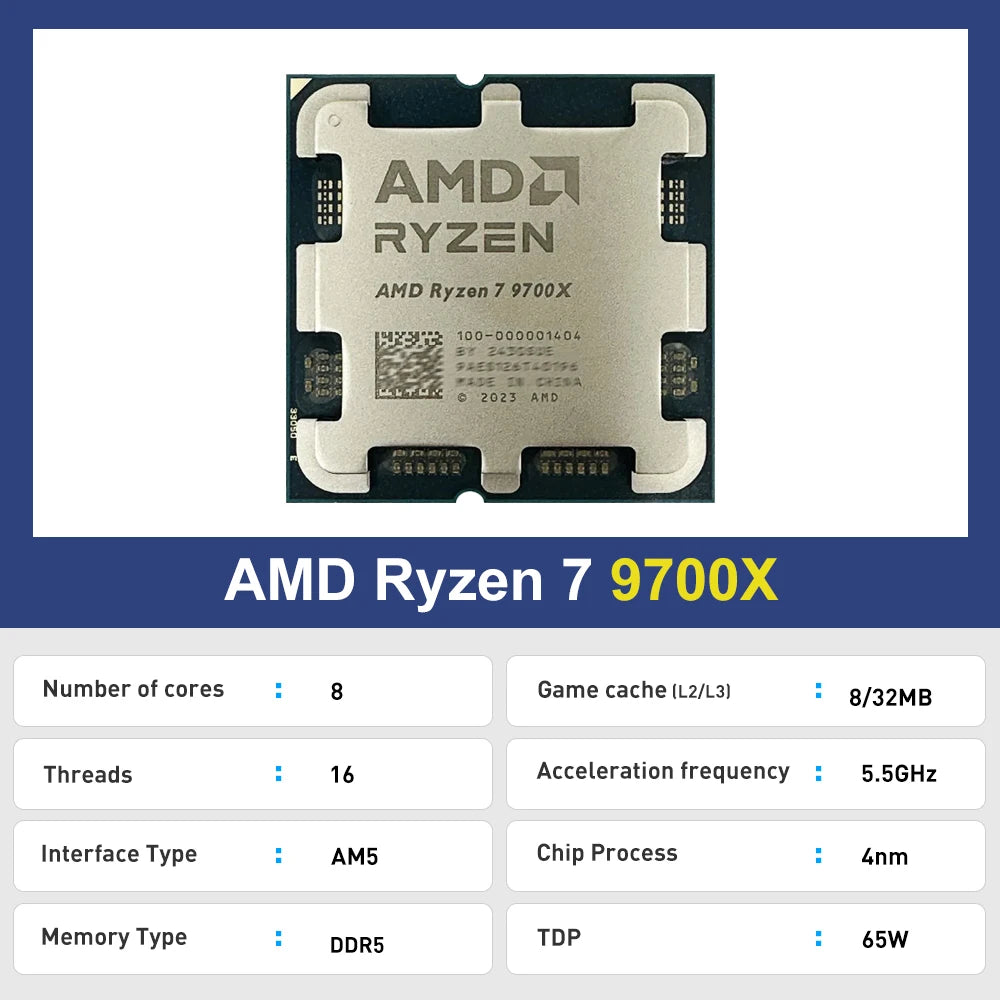 New AMD Ryzen 7 9700X Processor R7 9700X 5.5GHz 8-Core 16-Thread 40MB Game Cache 4NM TDP 65W Socket AM5 Gaming CPU Zen 5 No Fan