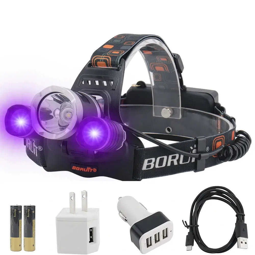 BORUiT RJ-3000 390nm UV LED Headlamp Type-C Rechargeable Super Bright Headlight Waterproof Head Torch Camping Fishing Lantern NewGen Gadgets