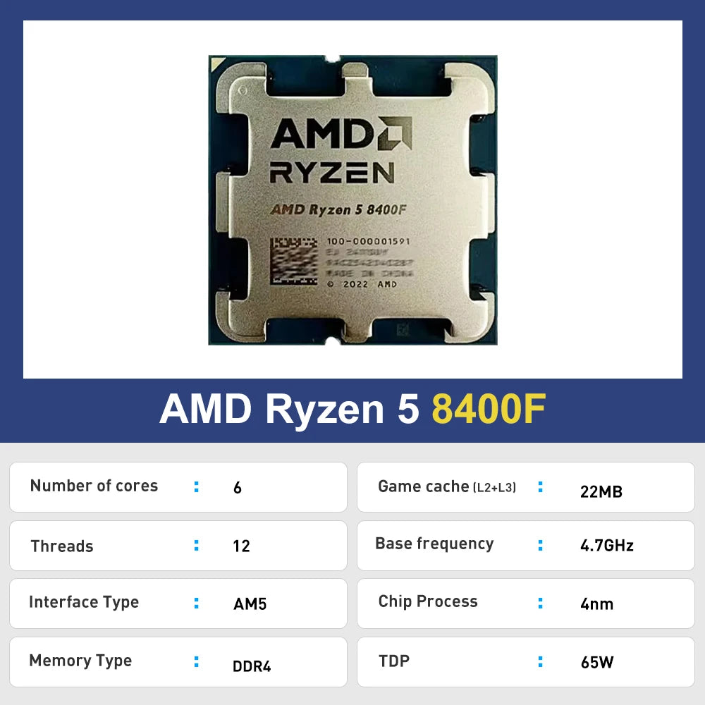 New AMD R5 8400F Ryzen 5 8400F 6 Cores 12 Threads 4.2GHz Desktop computer processor with AM5 Socket CPU