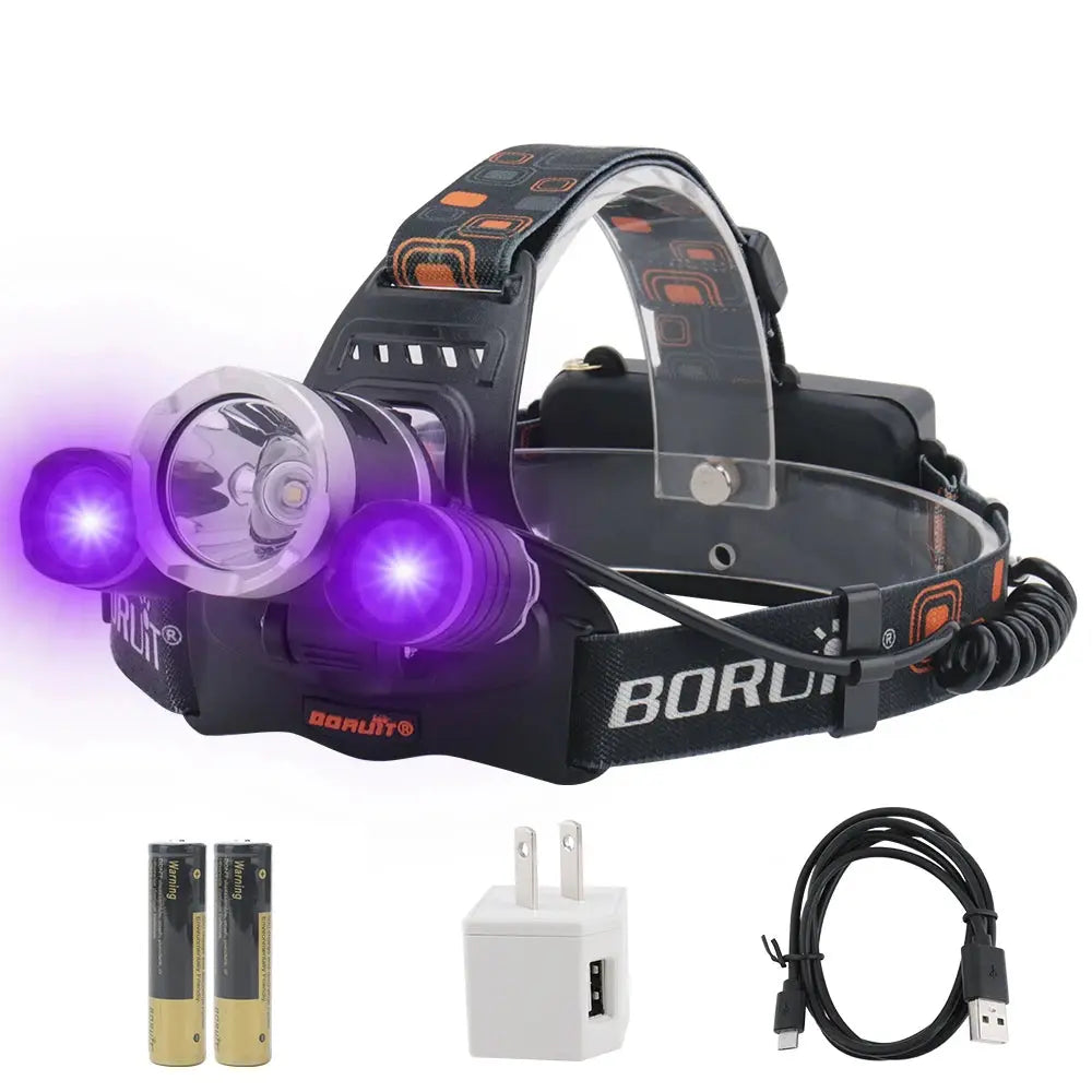 BORUiT RJ-3000 390nm UV LED Headlamp Type-C Rechargeable Super Bright Headlight Waterproof Head Torch Camping Fishing Lantern NewGen Gadgets