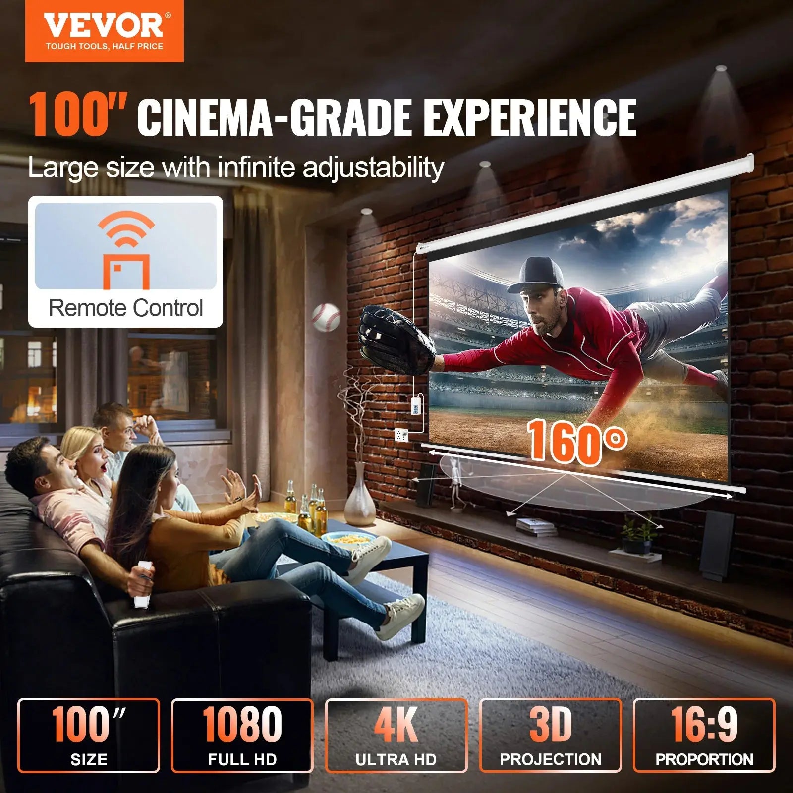 VEVOR Electric Motorized Projector Screen 100 inch 16:9 4K 1080 HD Wall Mount Movie Screen for Family Home Office Movie Theater NewGen Gadgets