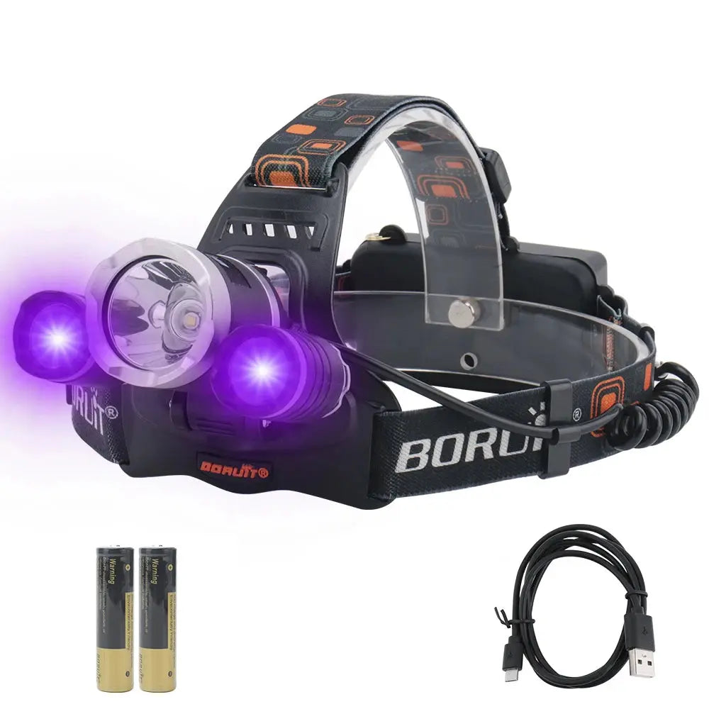 BORUiT RJ-3000 390nm UV LED Headlamp Type-C Rechargeable Super Bright Headlight Waterproof Head Torch Camping Fishing Lantern NewGen Gadgets